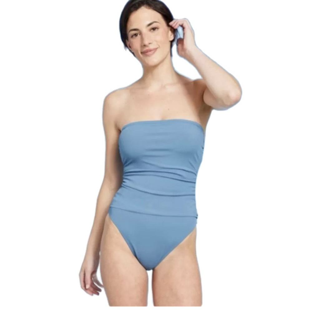 🆕 NWT Women's Shirred Ribbed Bandeau High Leg Cheeky One Piece Swimsuit